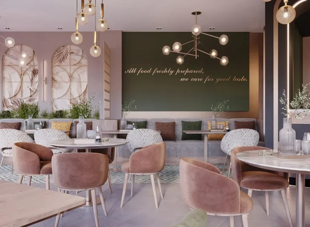 Sophisticated restaurant setting, imbued with Dubai's signature lavish design elements.