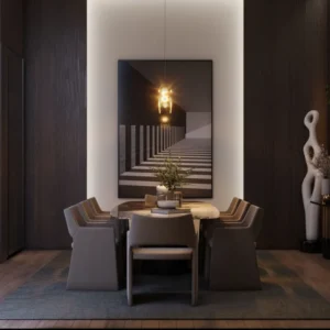 Dubai-inspired dining room aesthetics, a masterpiece by Rawabi Interior Design.