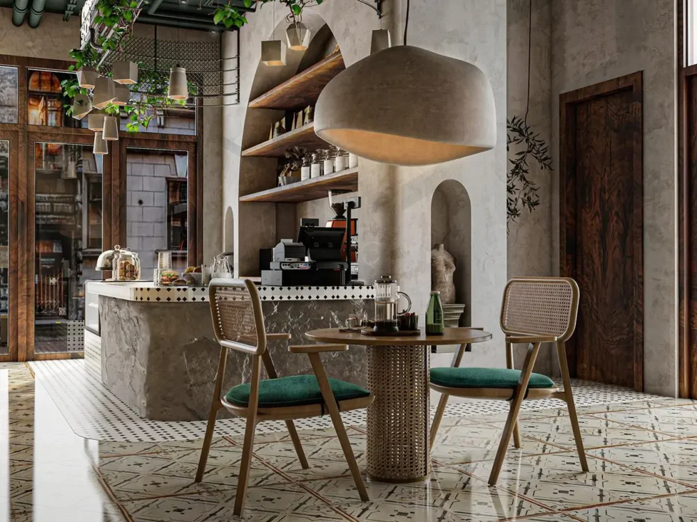 Minimalist cafe interior design with open spaces and neutral color palette.