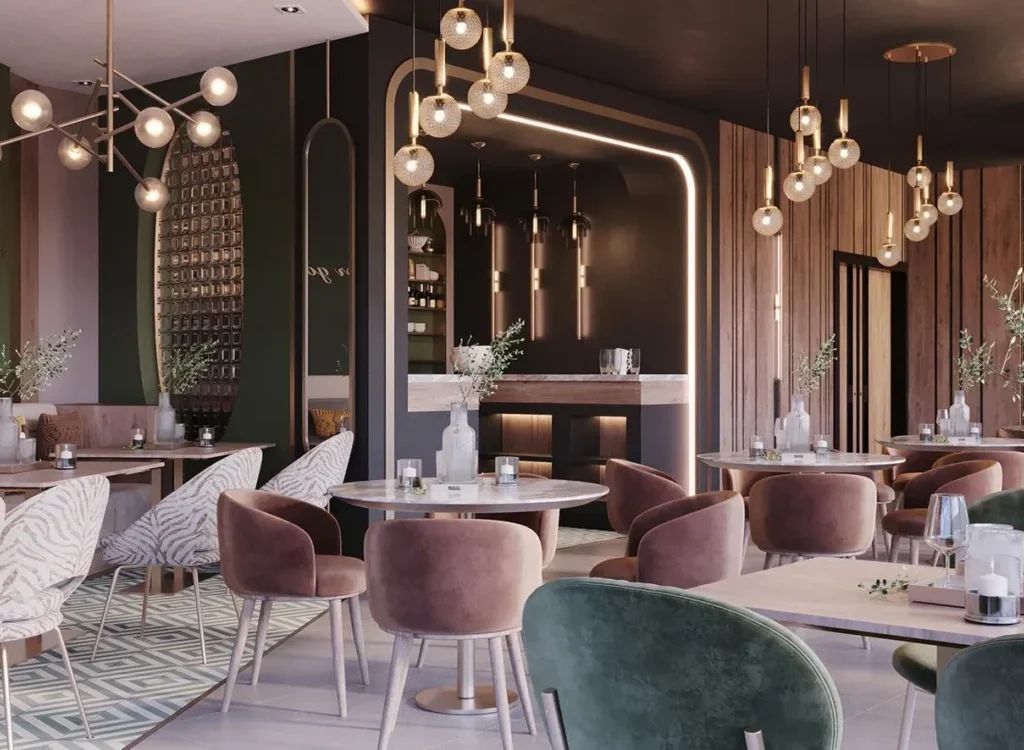 A luxurious and modern restaurant interior designed by professionals, capturing the essence of Dubai's opulence and style.