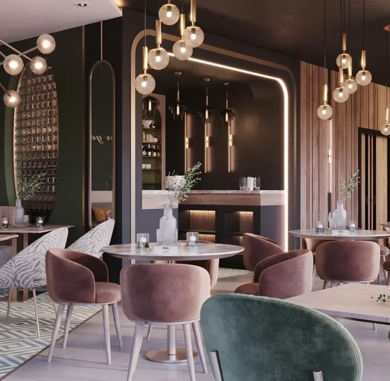 A luxurious and modern restaurant interior designed by professionals, capturing the essence of Dubai's opulence and style.