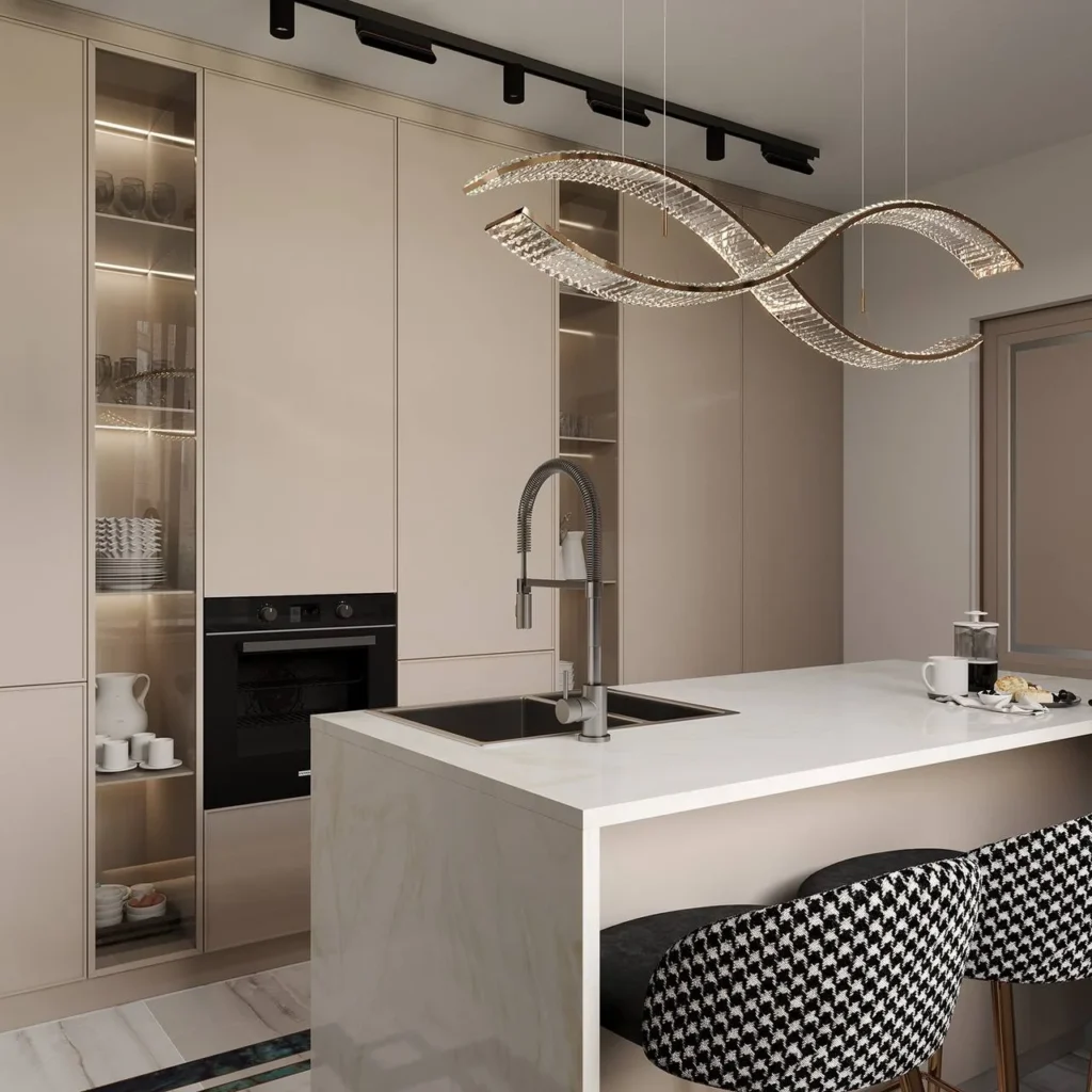 Artistic flair showcased in Dubai Penthouse Kitchen Interior Design.