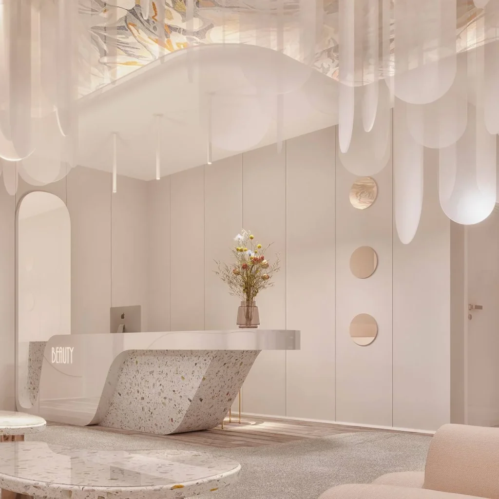 nail station in a Dubai salon, blending Eastern and Western interior design .
