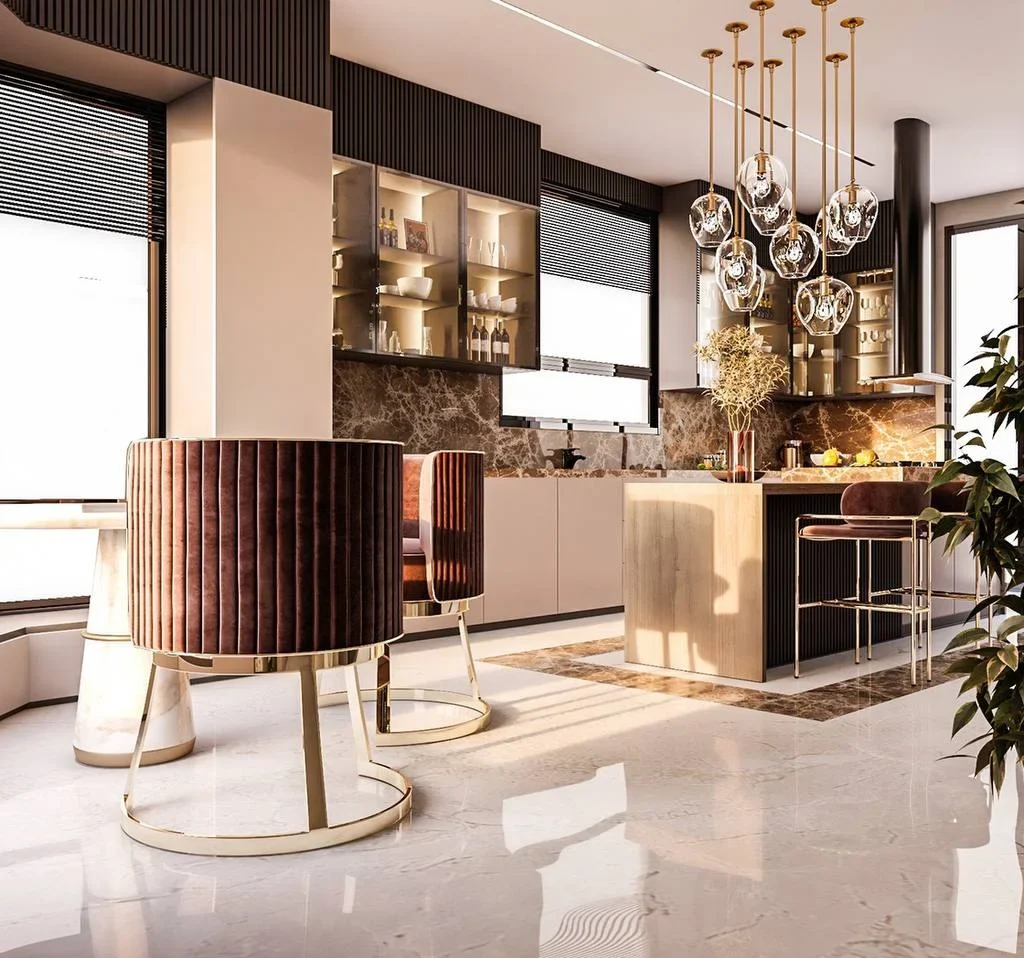 Glamorous retreat in Penthouse Kitchen Interior Design, Dubai.