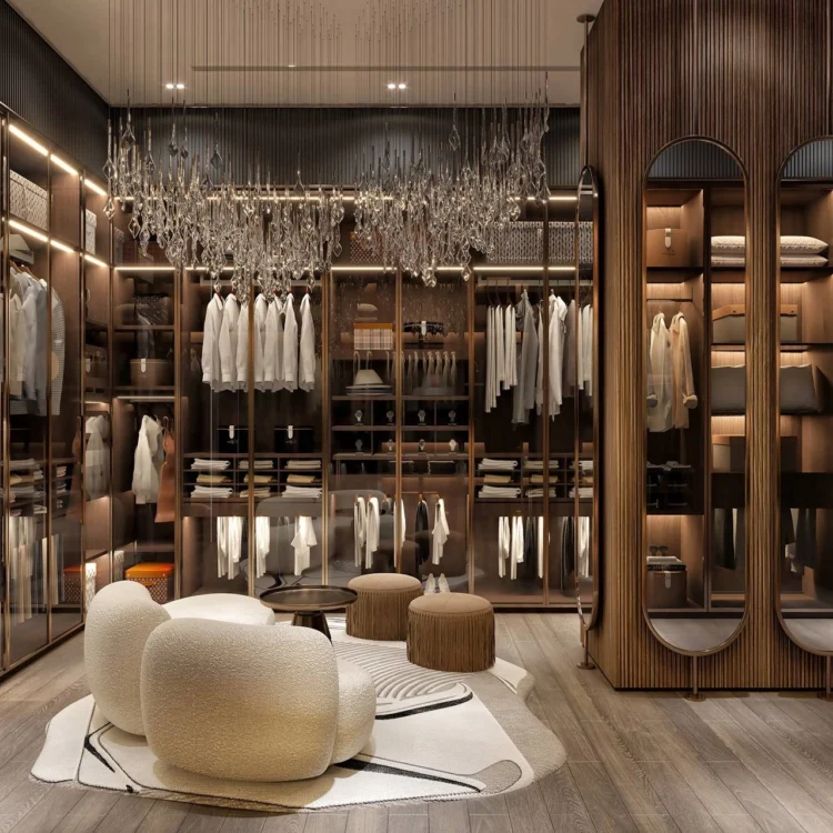 Modern decadence redefines the villa dressing room interior in Dubai.
