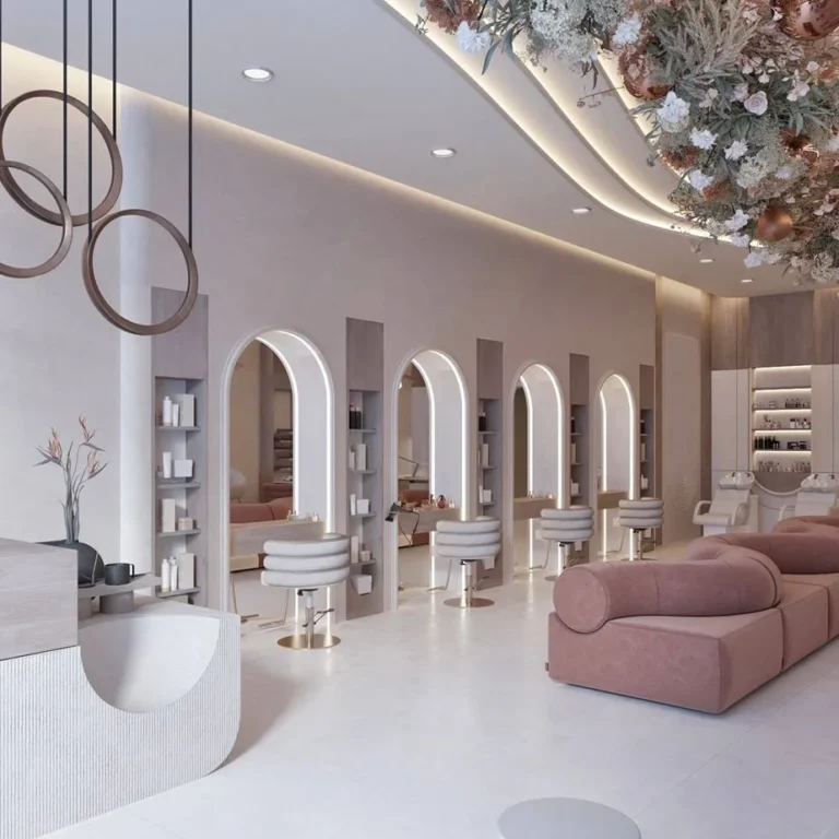 nail station area within a Dubai salon, featuring serene interior design elements.
