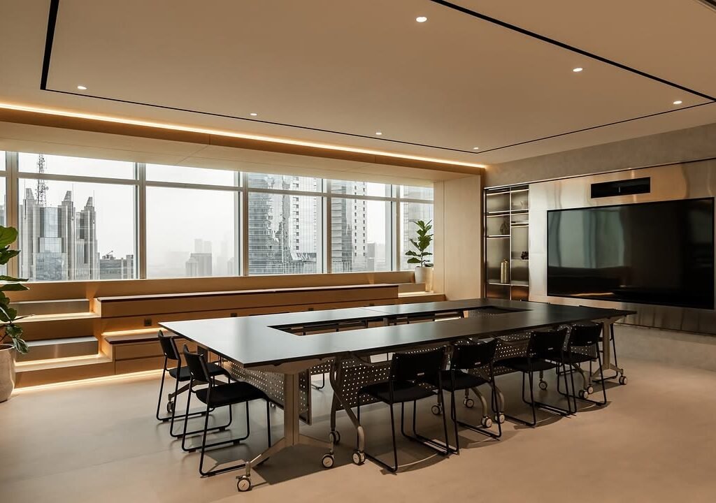 office meeting room with skyline view