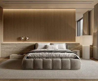 Sumptuous apartment bedroom reflecting Dubai's modern luxury, crafted by Rawabi Interior Design.
