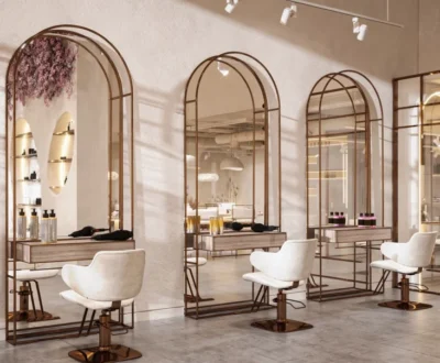 Chic and modern salon hair cut area in Dubai, showcasing sleek styling stations and contemporary decor.